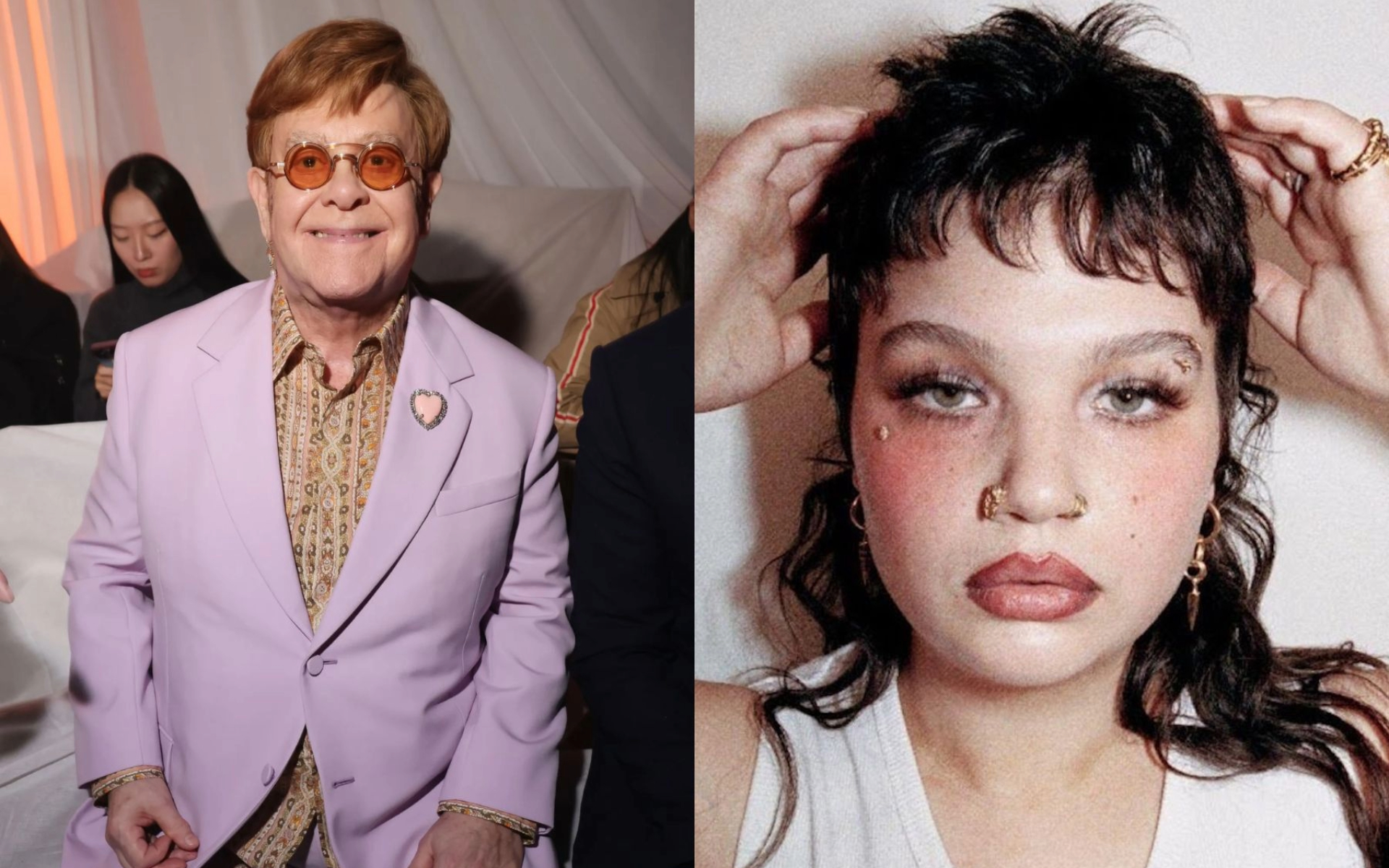 Elton John sorrindo em evento e Lola Young em retrato promocional, relacionada ao lançamento do single D£aler.
