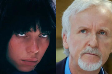 Montagem com Billie Eilish e o cineasta James Cameron, anunciando parceria em projeto 3D