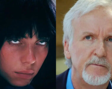 Montagem com Billie Eilish e o cineasta James Cameron, anunciando parceria em projeto 3D