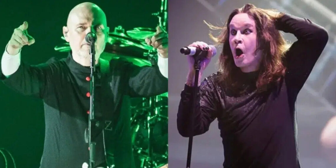 Billy Corgan e Ozzy Osbourne em apresentações ao vivo — montagem com os dois artistas no palco