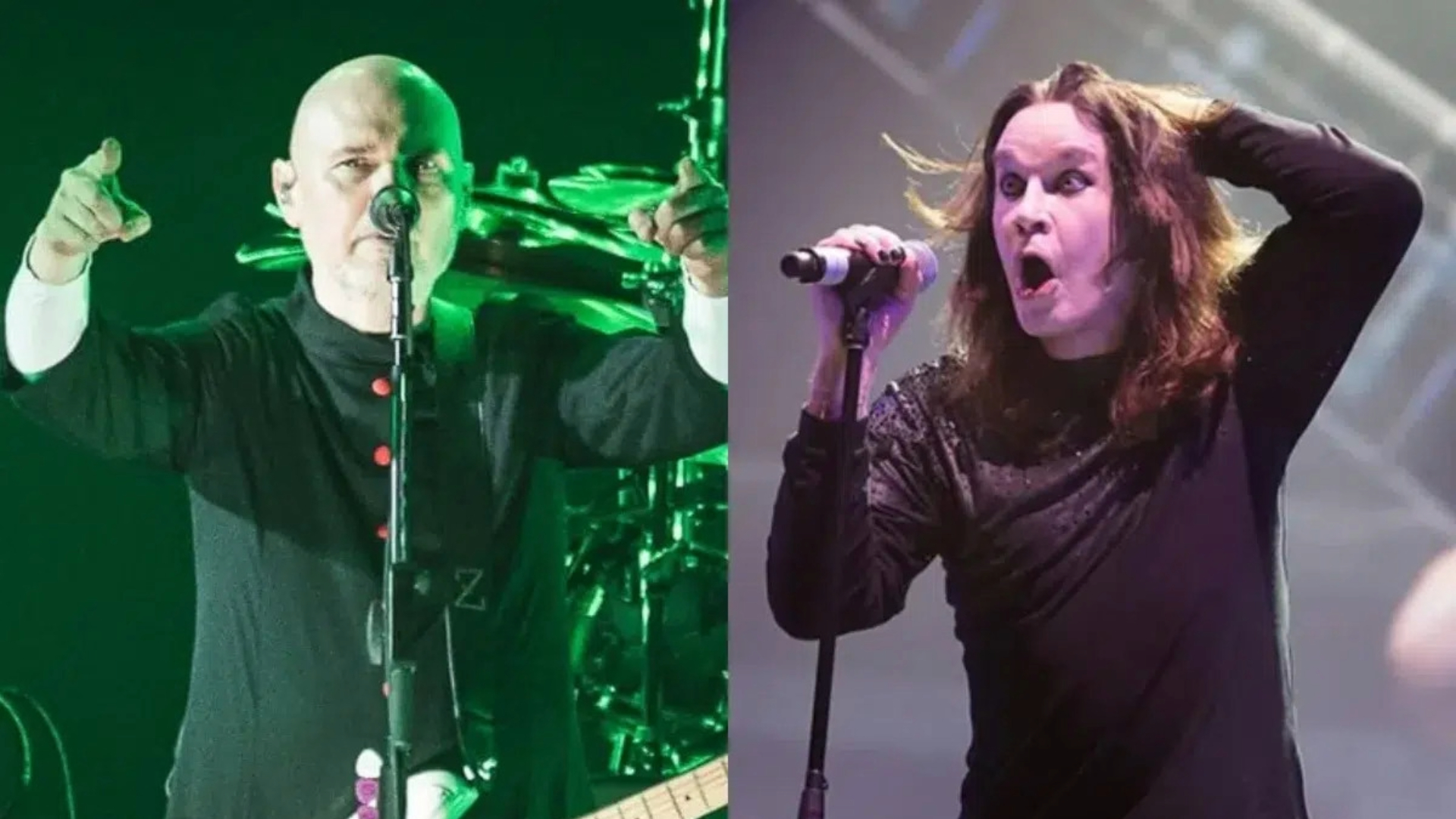 Billy Corgan e Ozzy Osbourne em apresentações ao vivo — montagem com os dois artistas no palco