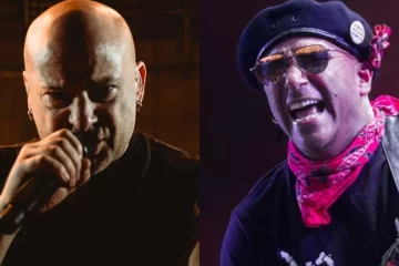 David Draiman e Tom Morello em montagem lado a lado, após polêmica envolvendo apoio à banda Kneecap