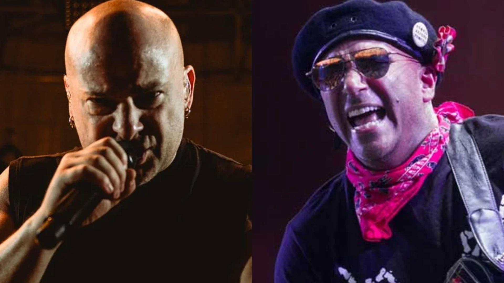 David Draiman e Tom Morello em montagem lado a lado, após polêmica envolvendo apoio à banda Kneecap