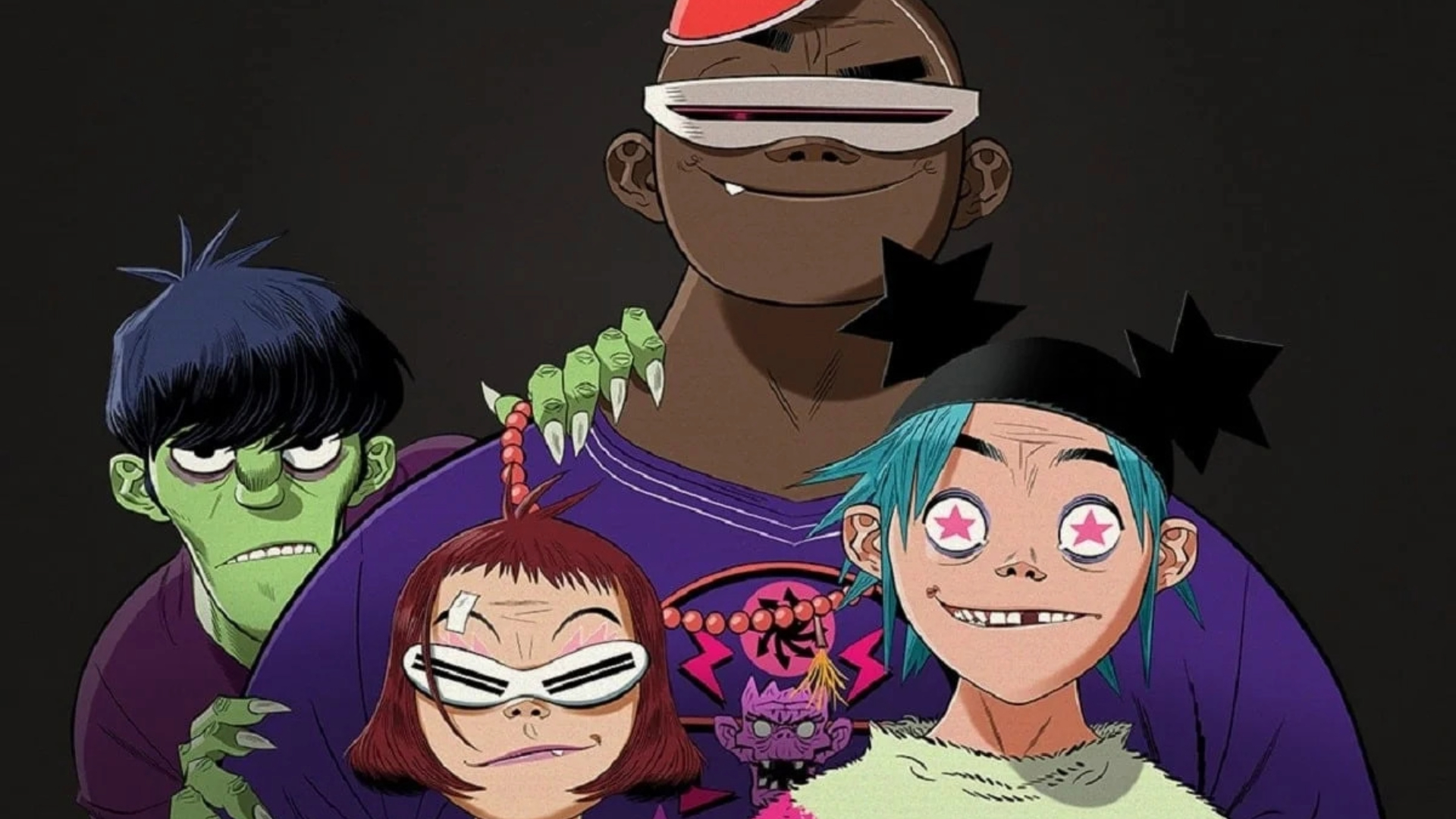 Imagem dos personagens da banda virtual Gorillaz em estilo animado, com visual moderno e colorido, divulgada junto ao anúncio do novo álbum.