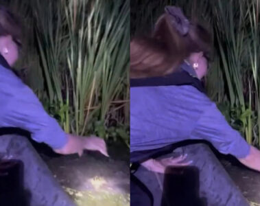 Lana Del Rey tenta capturar um jacaré à beira de um pântano durante a noite, em vídeo viral compartilhado nas redes sociais.