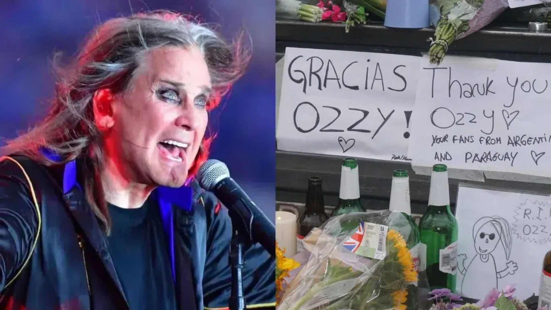 Ozzy Osbourne em show e mensagens de fãs com flores e cartazes em sua homenagem após a morte do vocalista do Black Sabbath.