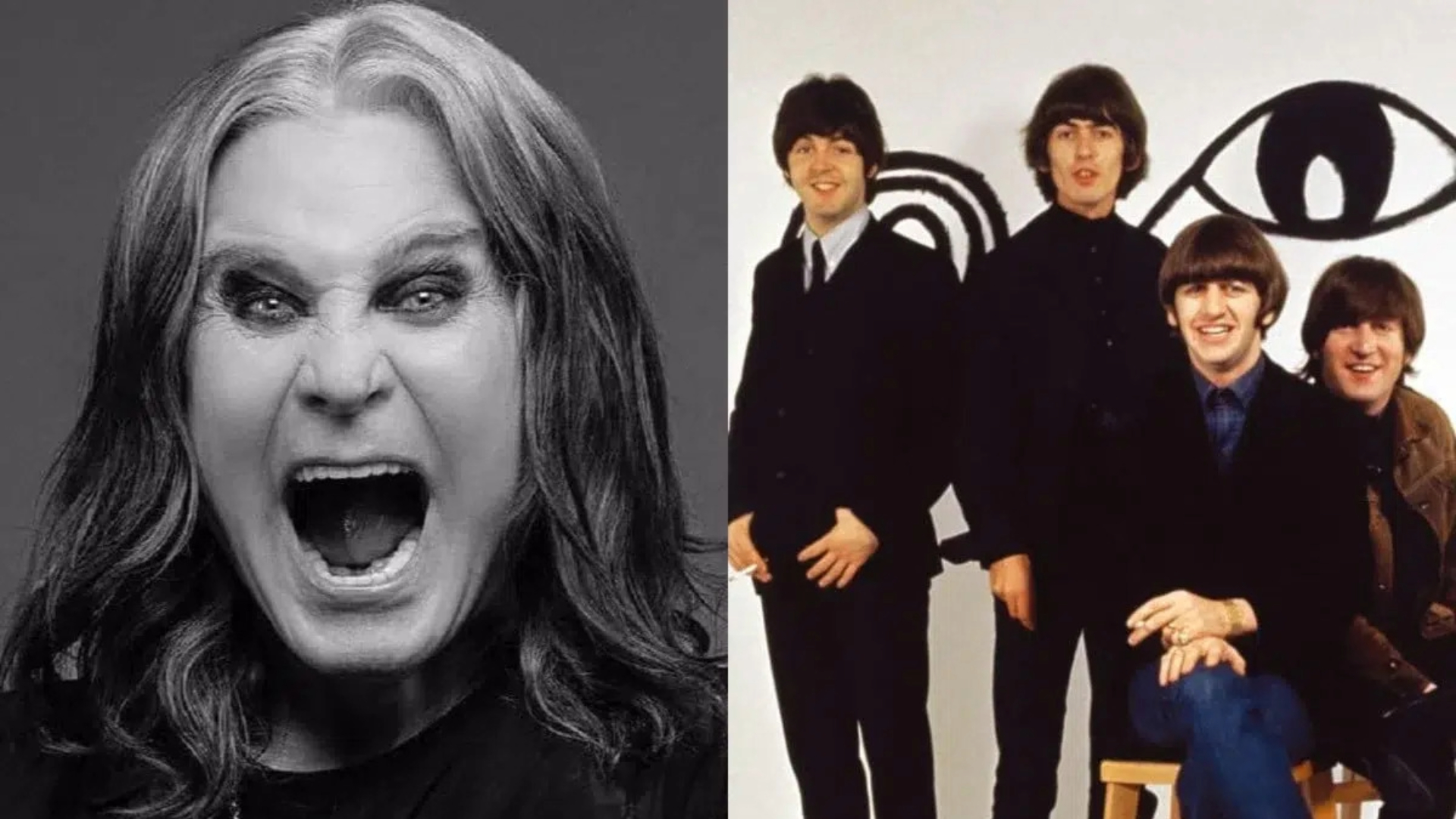 Montagem com Ozzy Osbourne e os Beatles, mostrando a influência da banda inglesa no ícone do heavy metal.