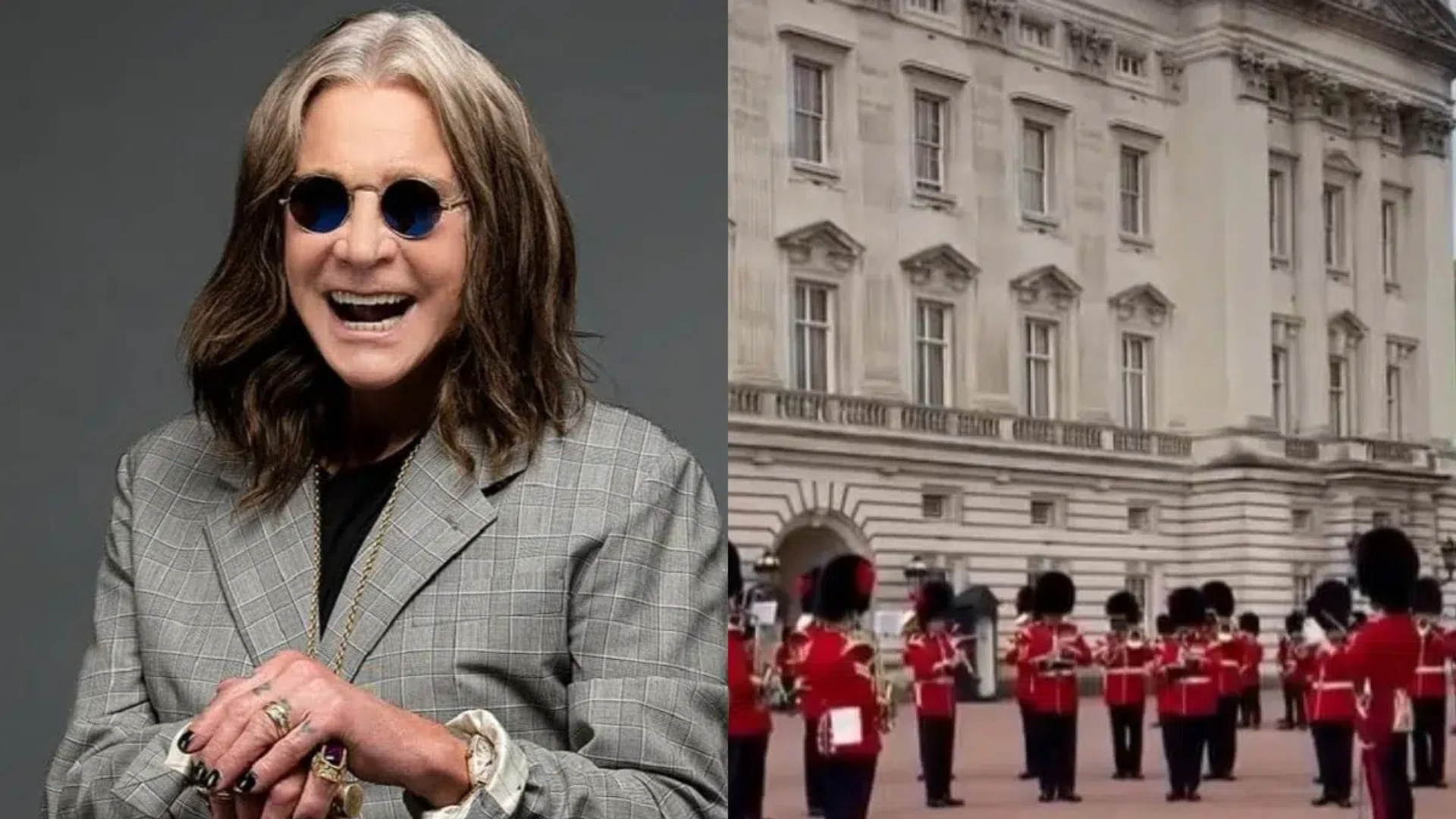Montagem com Ozzy Osbourne sorrindo e a Guarda Real Britânica tocando no Palácio de Buckingham.