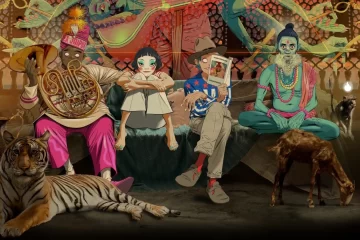 Arte oficial do álbum The Mountain do Gorillaz, com os personagens Murdoc, Noodle, Russel e 2D em cenário inspirado na Índia.