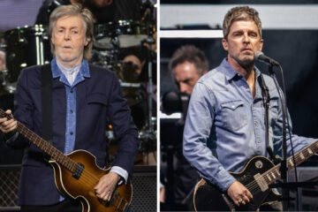 Paul McCartney e Noel Gallagher em performances separadas, tocando baixo e guitarra, respectivamente.