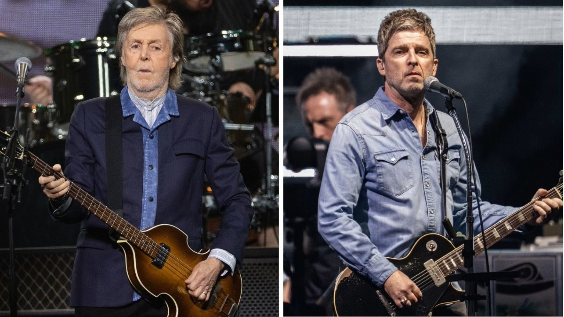Paul McCartney e Noel Gallagher em performances separadas, tocando baixo e guitarra, respectivamente.