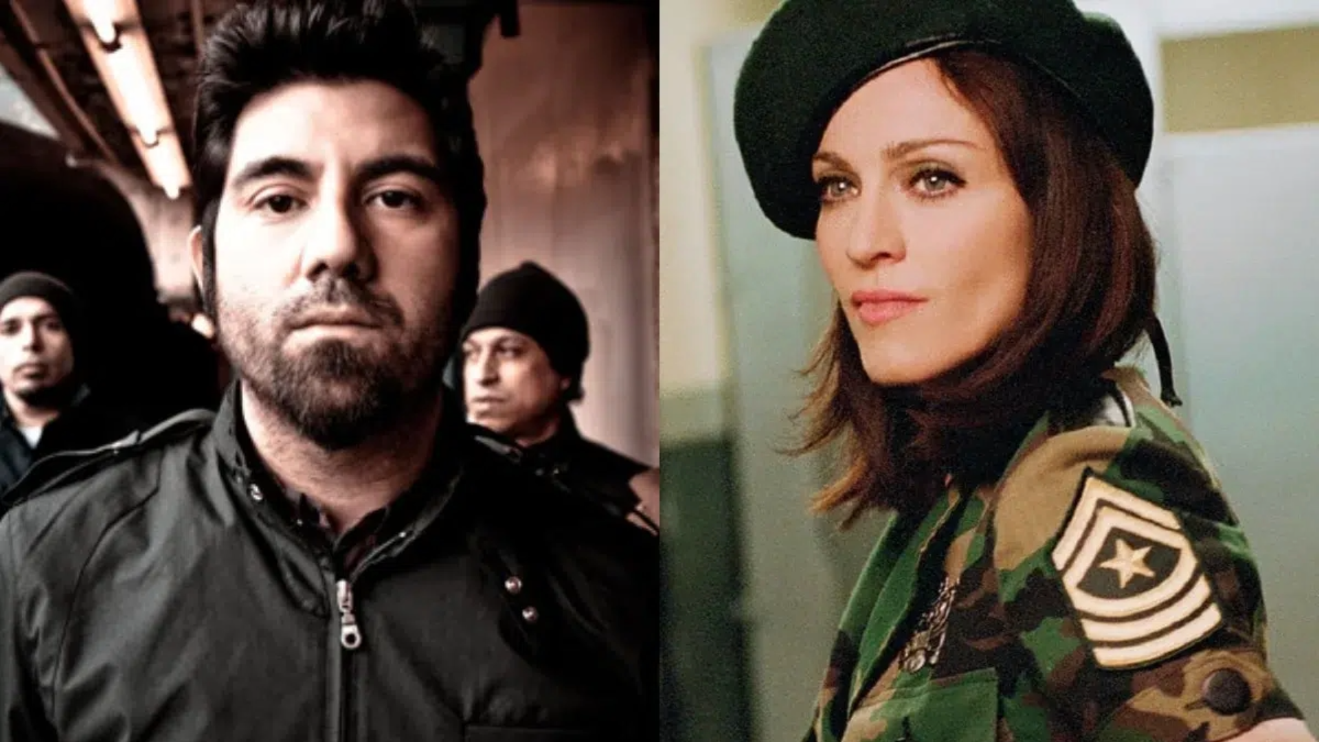Madonna e Chino Moreno, vocalista do Deftones, simbolizando a conexão entre a cantora pop e a banda de metal alternativo nos anos 90.