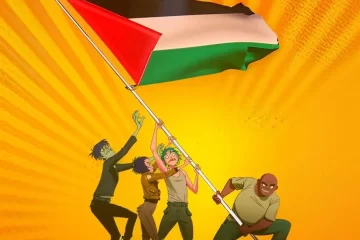 Personagens do Gorillaz erguendo a bandeira da Palestina em ilustração exibida no evento beneficente “Juntos pela Palestina”, em Londres.