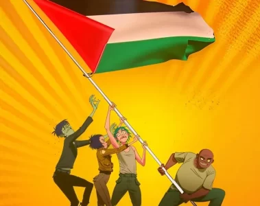 Personagens do Gorillaz erguendo a bandeira da Palestina em ilustração exibida no evento beneficente “Juntos pela Palestina”, em Londres.