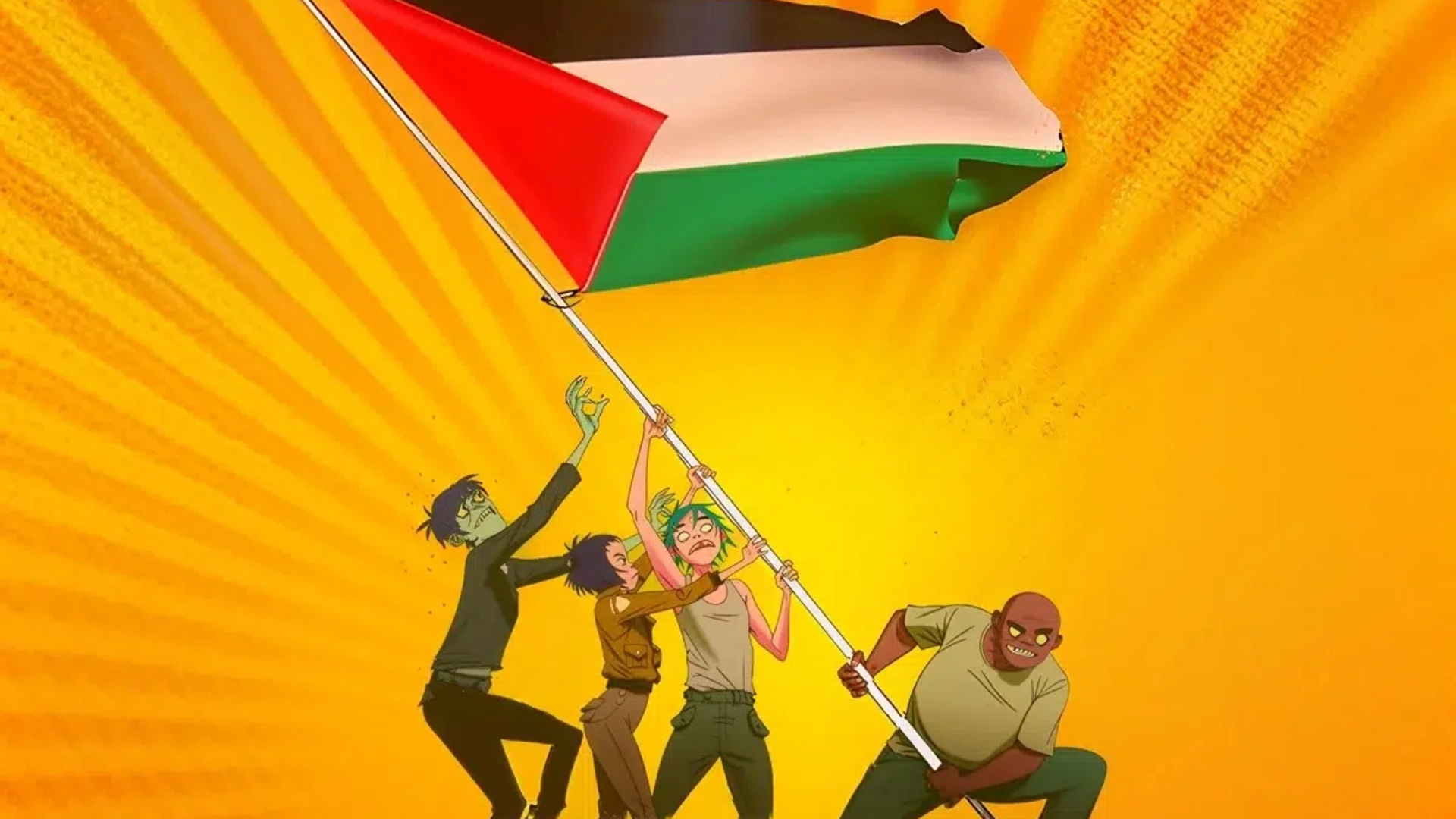 Personagens do Gorillaz erguendo a bandeira da Palestina em ilustração exibida no evento beneficente “Juntos pela Palestina”, em Londres.
