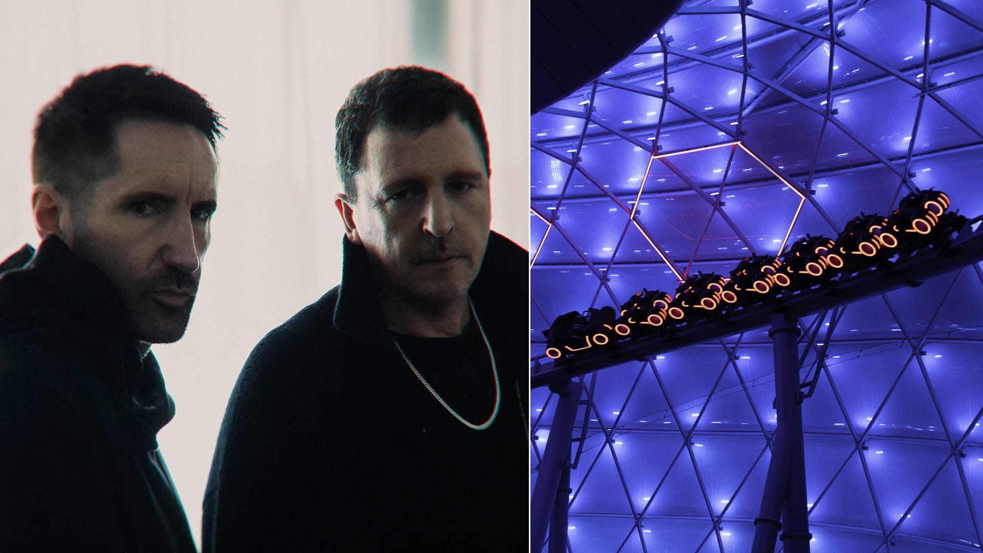 Trent Reznor e Atticus Ross, do Nine Inch Nails, ao lado da montanha-russa Tron na Disney iluminada em azul.