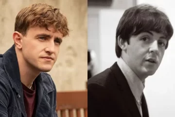 Paul Mescal ao lado de Paul McCartney jovem em montagem para filme biográfico dos Beatles.