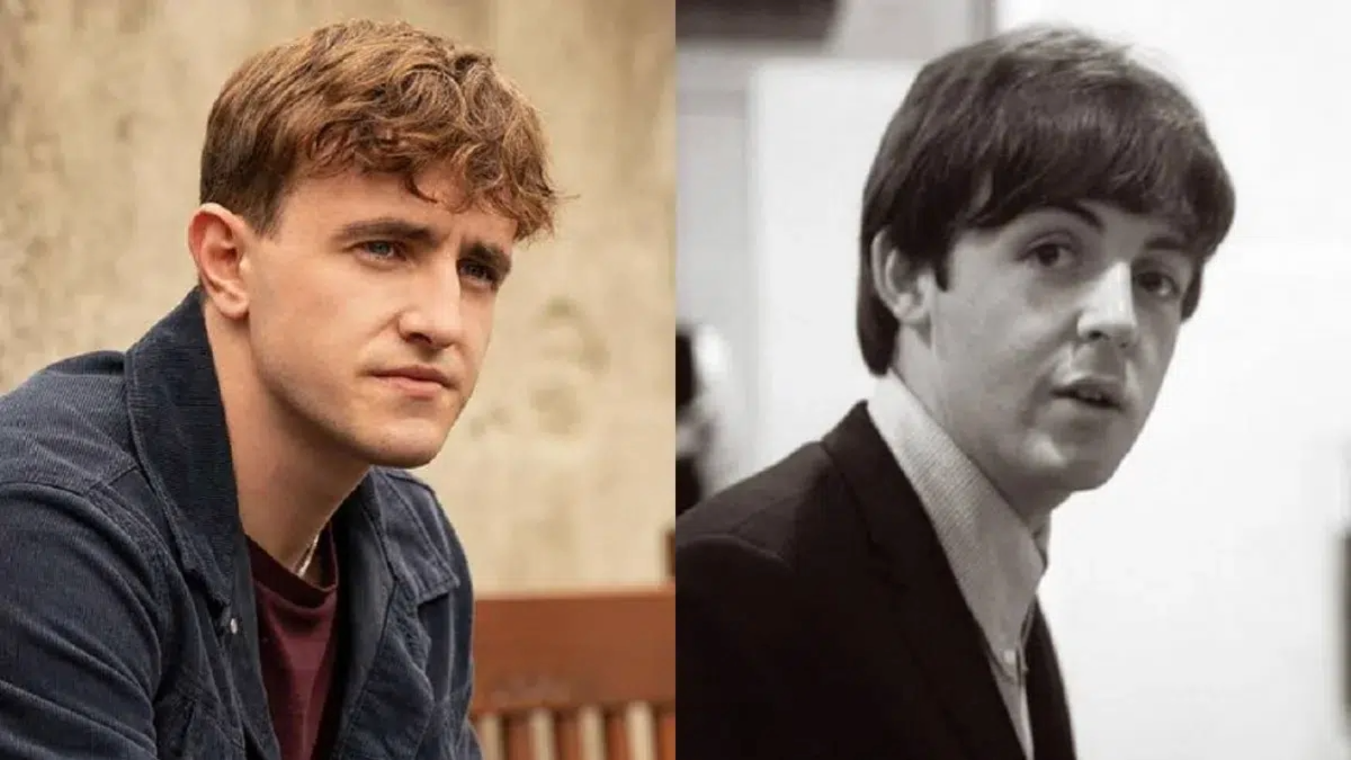 Paul Mescal ao lado de Paul McCartney jovem em montagem para filme biográfico dos Beatles.
