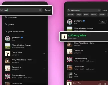 Tela do aplicativo Spotify mostrando busca por músicas após atualização do plano gratuito que permite escolher faixas específicas.