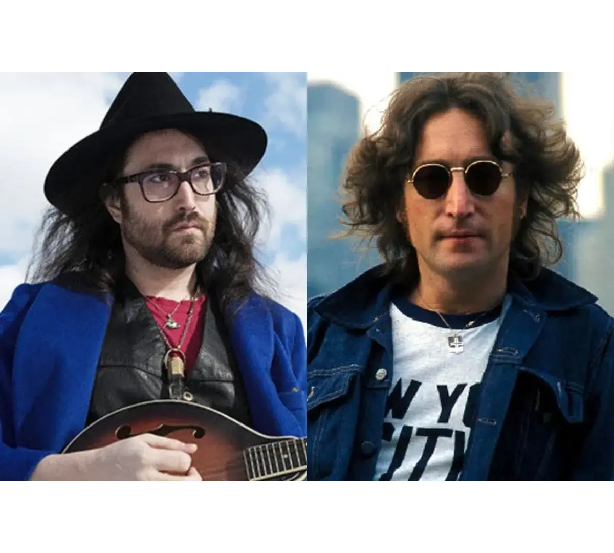 Sean Ono Lennon ao lado de uma foto de seu pai, John Lennon.