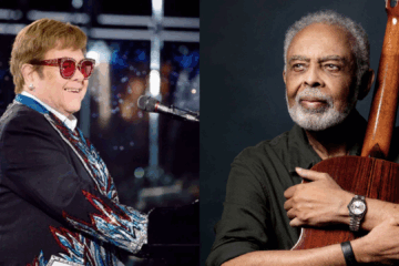 Foto lado a lado de Elton John sorrindo ao piano durante uma apresentação e Gilberto Gil segurando seu violão, ambos anunciados como atrações do Rock in Rio 2026.