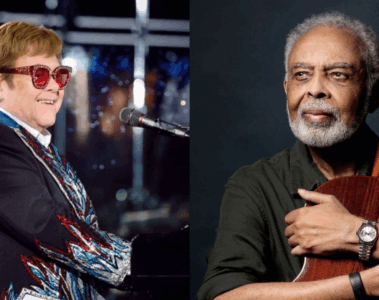 Foto lado a lado de Elton John sorrindo ao piano durante uma apresentação e Gilberto Gil segurando seu violão, ambos anunciados como atrações do Rock in Rio 2026.