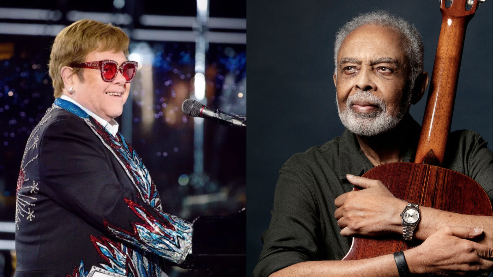 Foto lado a lado de Elton John sorrindo ao piano durante uma apresentação e Gilberto Gil segurando seu violão, ambos anunciados como atrações do Rock in Rio 2026.