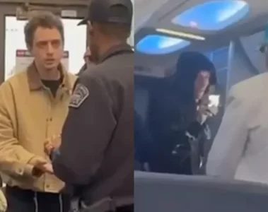 Imagem dividida em duas cenas: à esquerda, um dos artistas conversa com um policial no aeroporto; à direita, Ca7riel aparece dentro do avião gravando um vídeo enquanto uma comissária observa a situação.