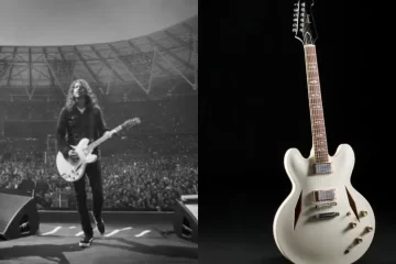 Dave Grohl tocando sua guitarra Gibson DG-335 em um estádio lotado ao lado da nova edição limitada Alpine White, exibida em fundo preto.