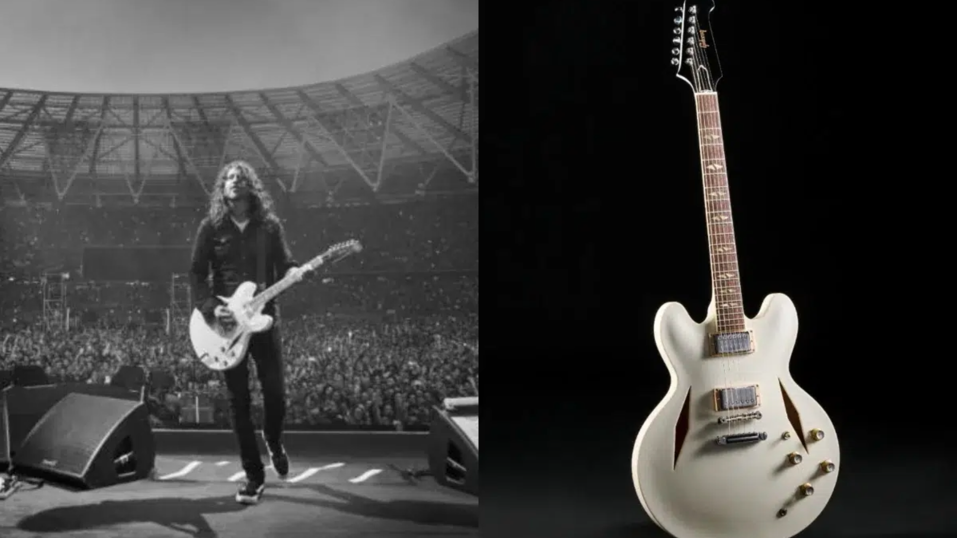 Dave Grohl tocando sua guitarra Gibson DG-335 em um estádio lotado ao lado da nova edição limitada Alpine White, exibida em fundo preto.
