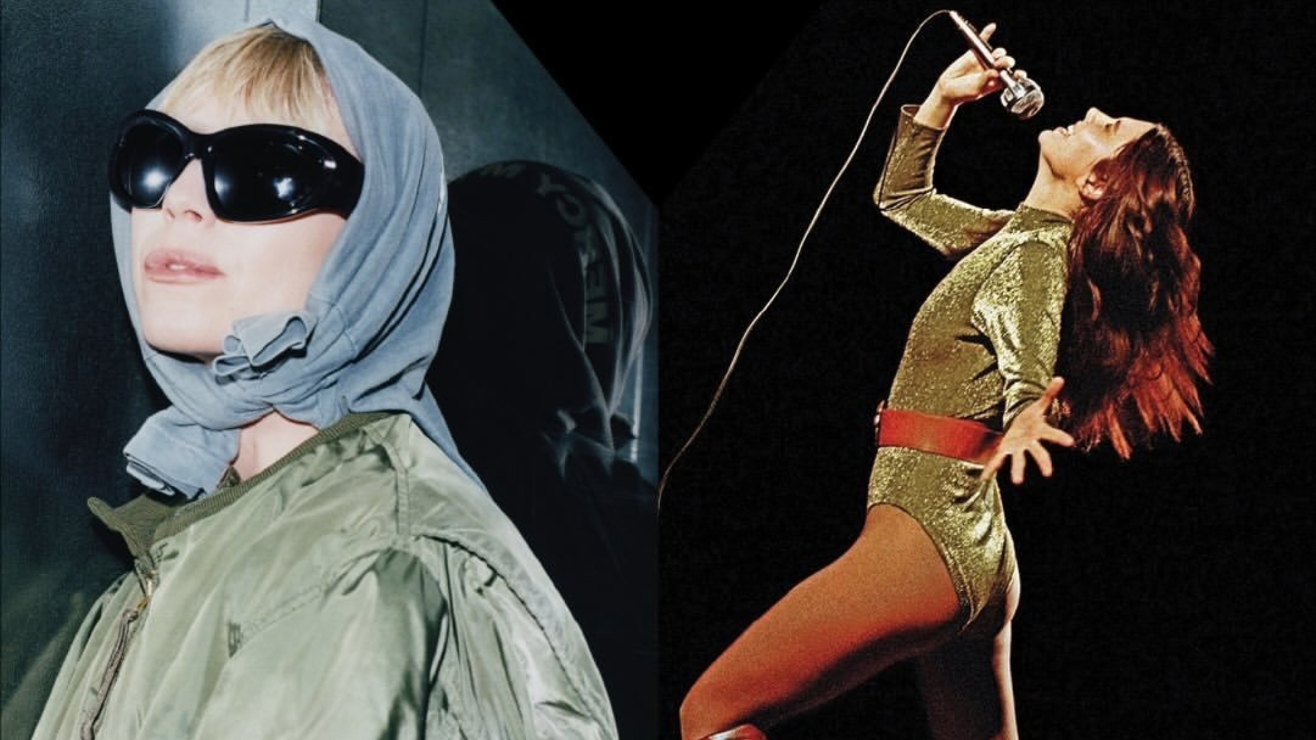 Montagem com fotos de Lykke Li usando óculos escuros e lenço na cabeça, e Ellie Rowsell, vocalista do Wolf Alice, cantando no palco com figurino dourado.