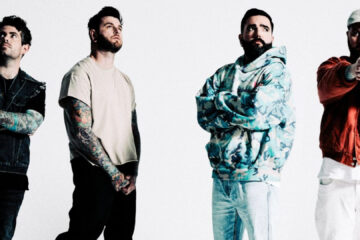 Foto promocional do A Day To Remember com os quatro integrantes posando lado a lado em fundo branco, em divulgação da turnê 2026 no Brasil.