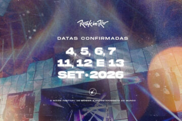 Arte oficial do Rock in Rio 2026 mostrando as datas confirmadas do festival: 4, 5, 6, 7, 11, 12 e 13 de setembro de 2026, com fundo de palco iluminado.