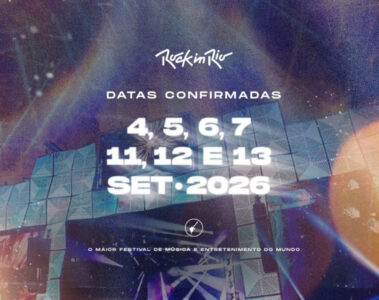 Arte oficial do Rock in Rio 2026 mostrando as datas confirmadas do festival: 4, 5, 6, 7, 11, 12 e 13 de setembro de 2026, com fundo de palco iluminado.