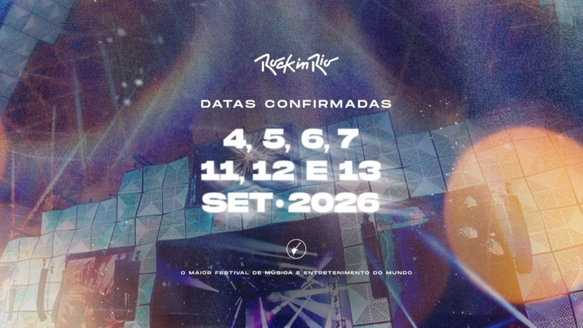 Arte oficial do Rock in Rio 2026 mostrando as datas confirmadas do festival: 4, 5, 6, 7, 11, 12 e 13 de setembro de 2026, com fundo de palco iluminado.