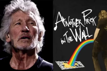 Imagem com Roger Waters ao lado da camiseta lançada pela família Osbourne com a frase “Another Prick in the Wall” e ilustração provocativa inspirada no álbum The Wall.