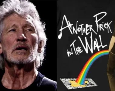 Imagem com Roger Waters ao lado da camiseta lançada pela família Osbourne com a frase “Another Prick in the Wall” e ilustração provocativa inspirada no álbum The Wall.