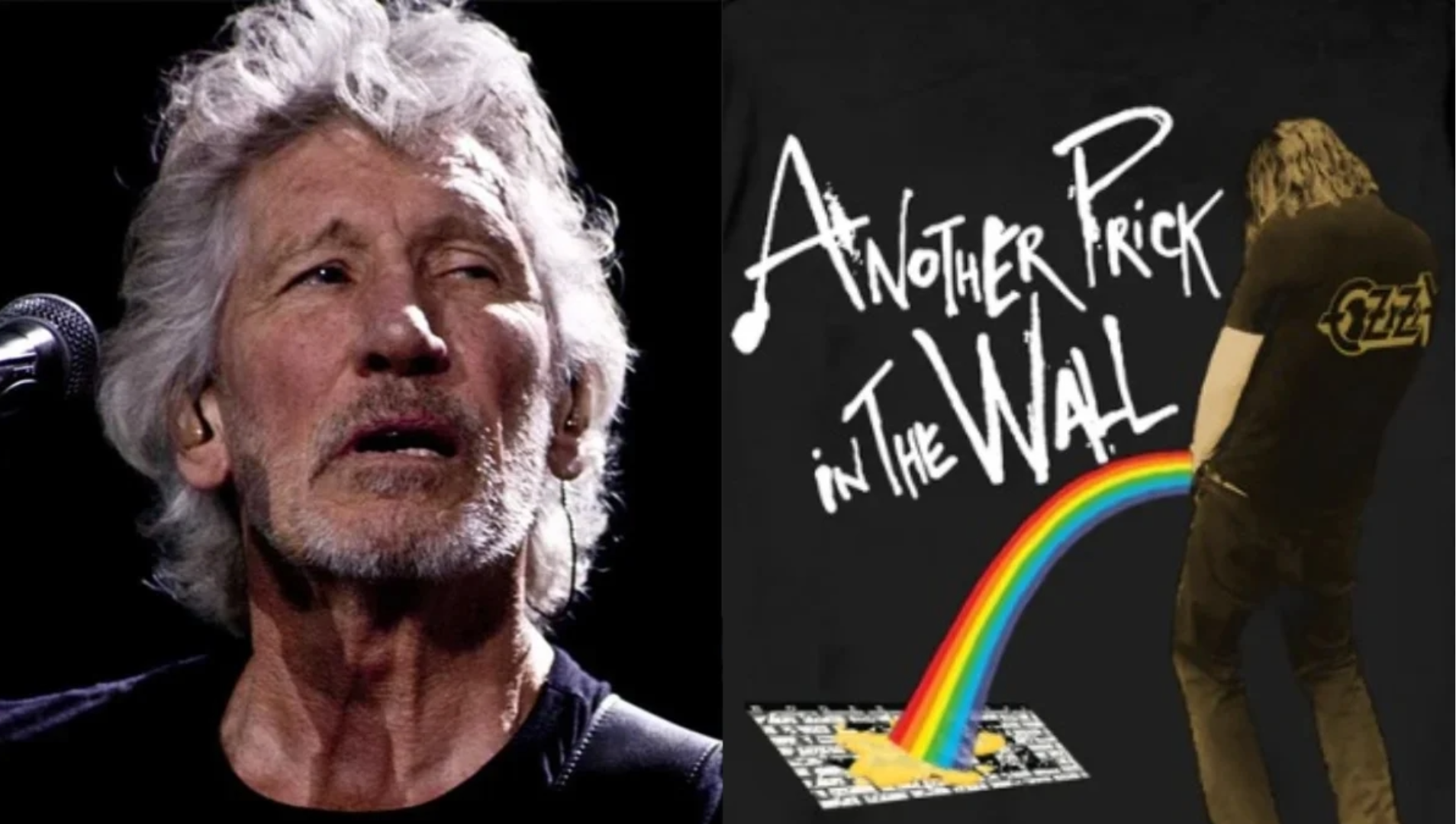 Imagem com Roger Waters ao lado da camiseta lançada pela família Osbourne com a frase “Another Prick in the Wall” e ilustração provocativa inspirada no álbum The Wall.