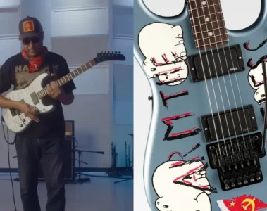 Tom Morello tocando sua Stratocaster e close na guitarra Arm the Homeless da Fender, com acabamento azul, artes personalizadas e símbolo comunista.