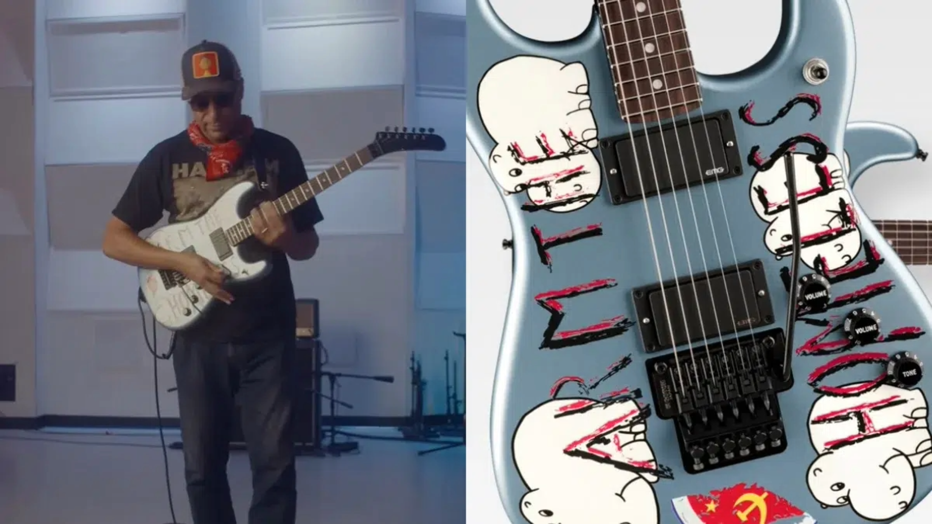 Tom Morello tocando sua Stratocaster e close na guitarra Arm the Homeless da Fender, com acabamento azul, artes personalizadas e símbolo comunista.