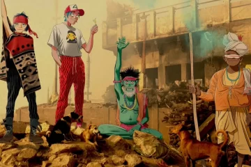 Arte promocional do Gorillaz para o álbum The Mountain, com os personagens da banda em cenário ilustrado