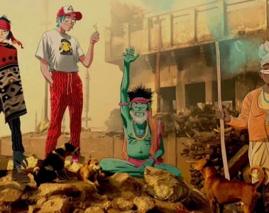 Arte promocional do Gorillaz para o álbum The Mountain, com os personagens da banda em cenário ilustrado