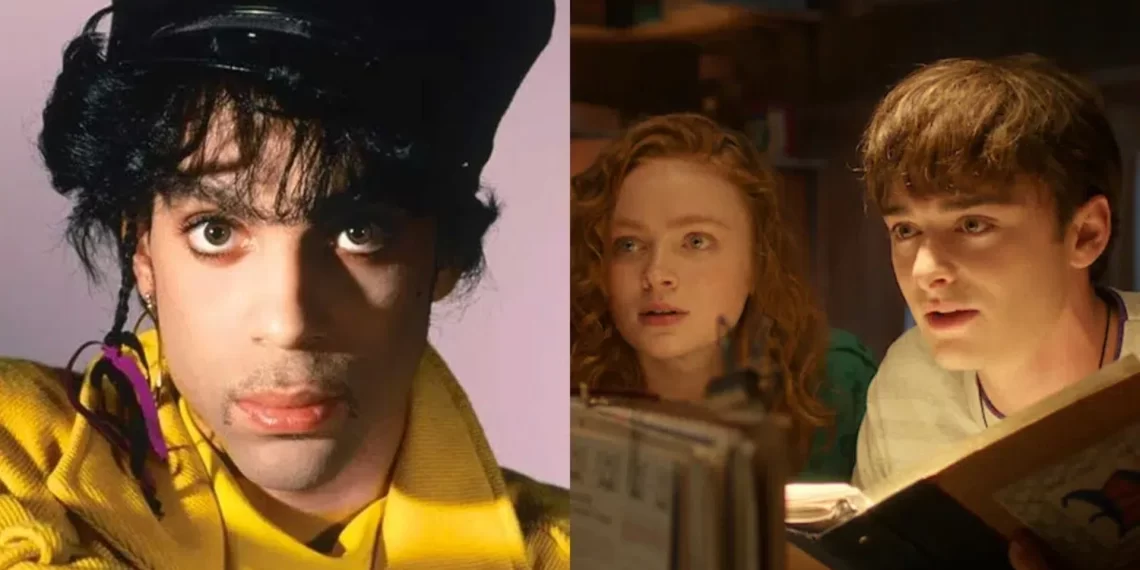 Prince em montagem com personagens de Stranger Things, representando o impacto da série no aumento de streams de suas músicas.