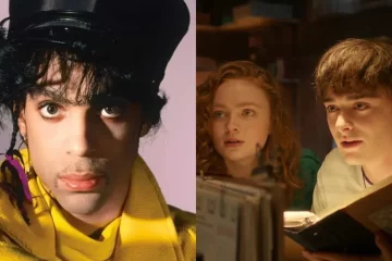 Prince em montagem com personagens de Stranger Things, representando o impacto da série no aumento de streams de suas músicas.