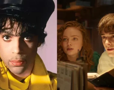 Prince em montagem com personagens de Stranger Things, representando o impacto da série no aumento de streams de suas músicas.