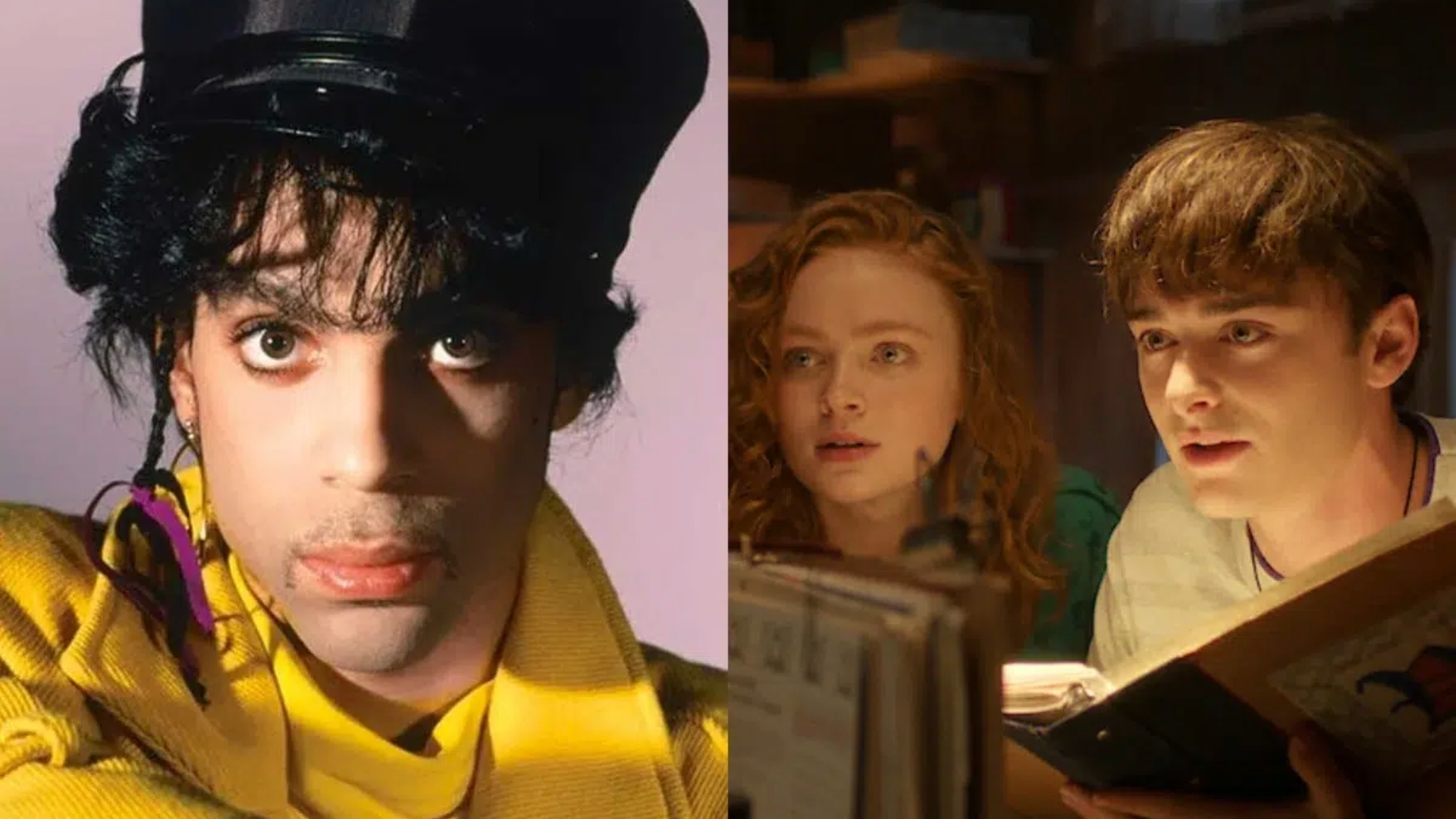 Prince em montagem com personagens de Stranger Things, representando o impacto da série no aumento de streams de suas músicas.