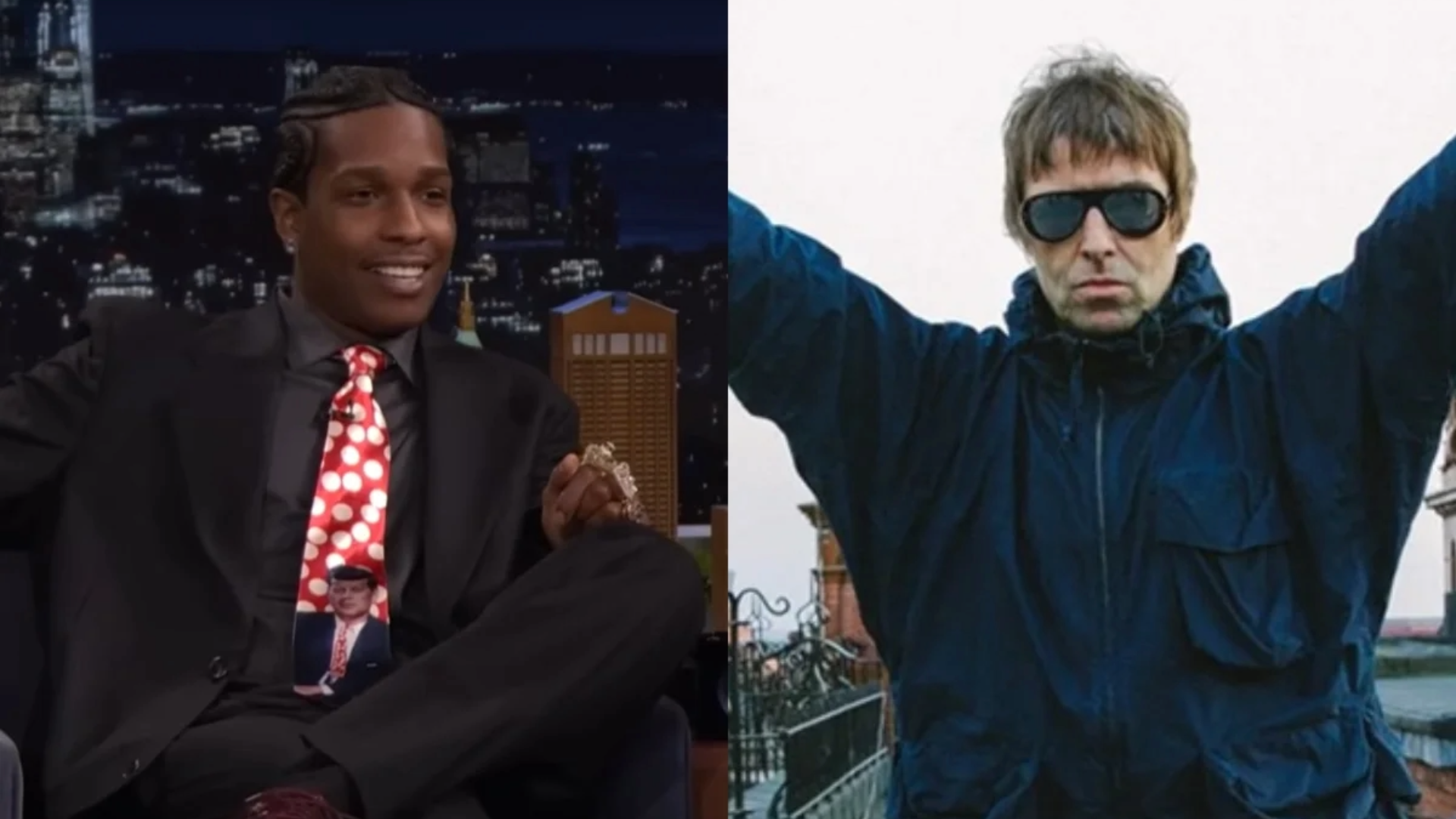 A$AP Rocky durante entrevista no The Tonight Show e Liam Gallagher em foto promocional solo.