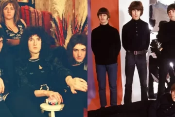 Montagem com integrantes do Queen e dos Beatles em fotos promocionais clássicas