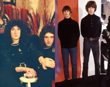 Montagem com integrantes do Queen e dos Beatles em fotos promocionais clássicas