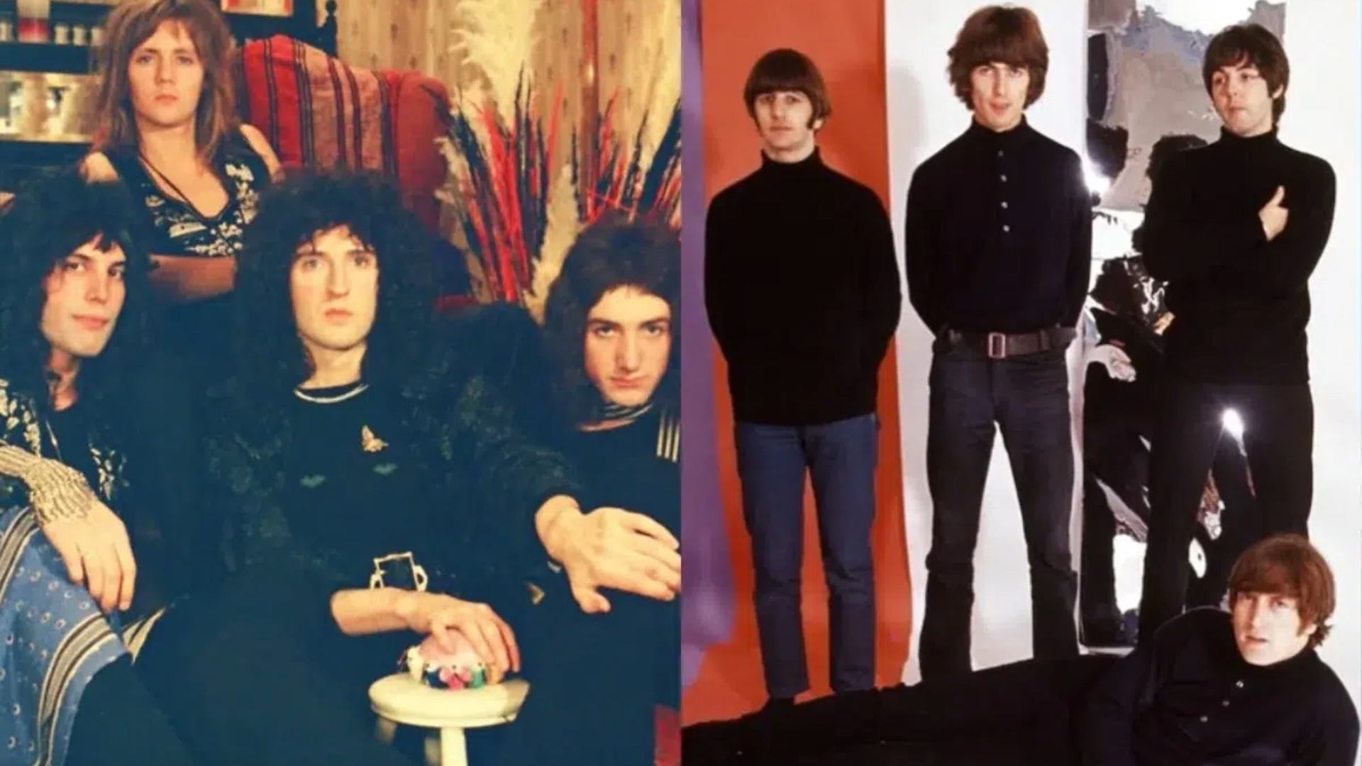 Montagem com integrantes do Queen e dos Beatles em fotos promocionais clássicas